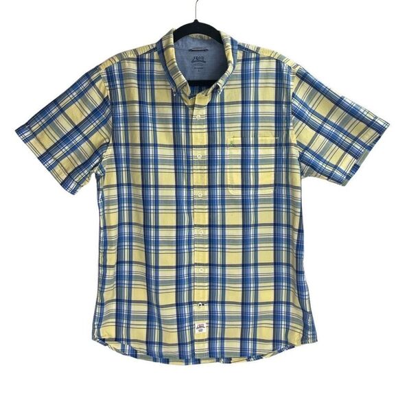 Izod Saltwater Mens Plaid Relaxed Classic Button Down Shirt Yellow Blue Large - Picture 1 of 6
